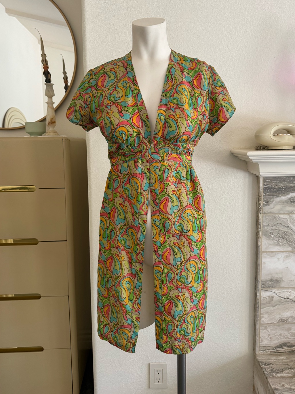 Vintage Silk Colorful Retro Swirl Short Sleeve Coverup Dress By Rue Blanche
